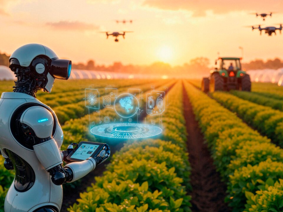 robot farming with drones field sunset